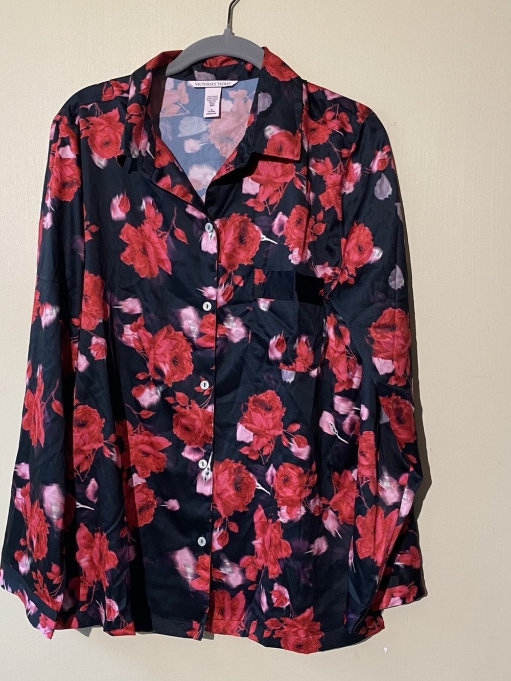 Victoria's Secret Black Satin Button-Up with Red Floral Print pajama top